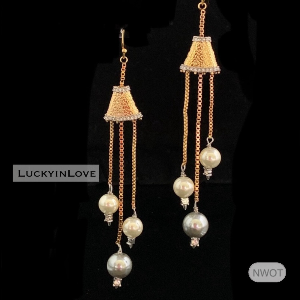 ALEXIS BITTAR • Brutalist Dangling Pearl Chain Gold Crystal Drop Earrings